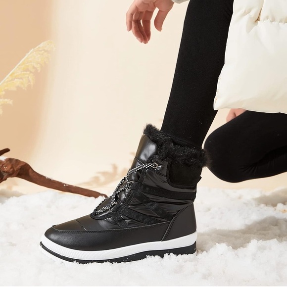 Warm Fur Lined Mid-Calf Boots Waterproof Winter Snow Boots Non-slip - Black - Picture 5 of 6